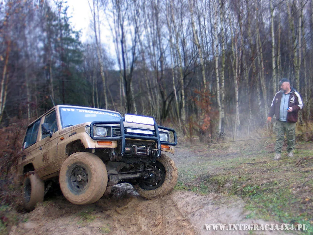 Instruktor pokazuje obsługę wyciągarki pojazdu terenowego podczas szkolenia offroad